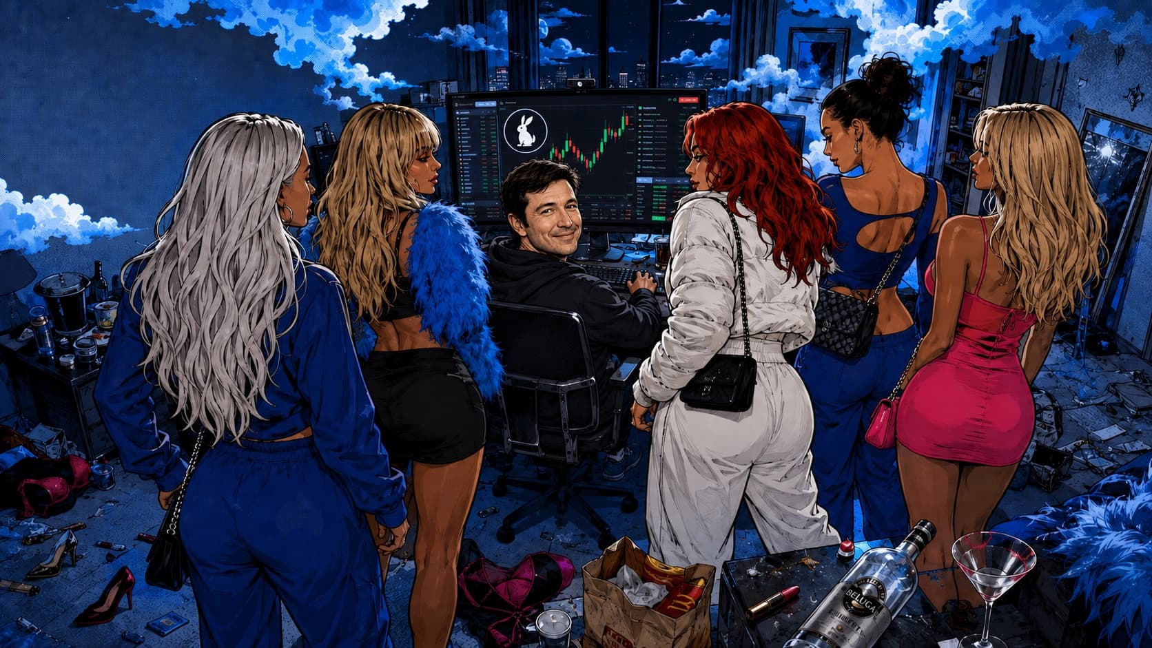 Editorial illustration of adult clubgoers watching a trader at a rabbit-themed trading screen in a surreal, messy apartment