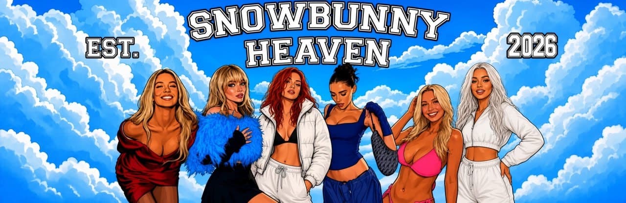 Snow Bunny Heaven illustrated banner with adult women against blue clouds